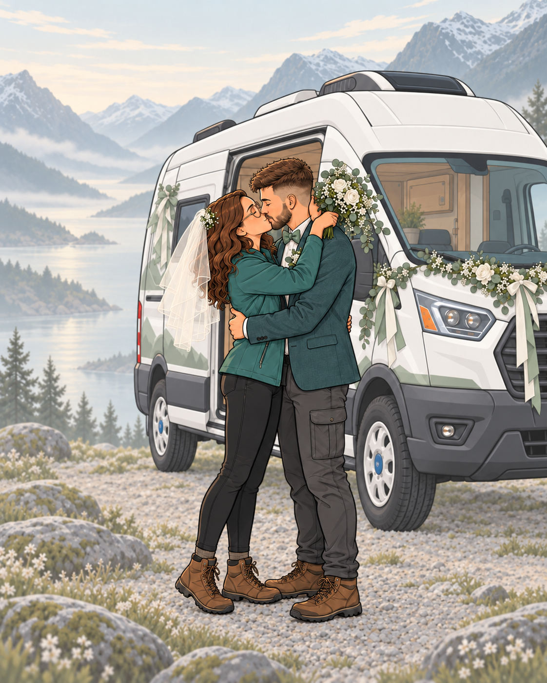 Eva mit Schleier und Brautstrauß und Thomas mit blaugrünem Sakko und Fliege küssen sich vor ihrem festlich geschmückten weißen Camper.
